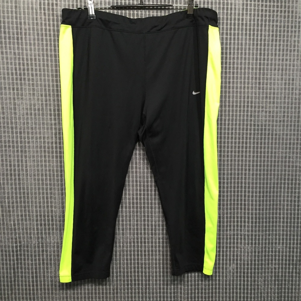 Nike Womens Running Capri Leggings‎ Dri-FIT Crop Volt Stripe 2X Black Neon